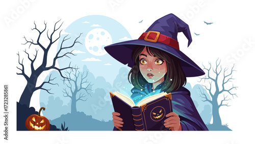 Enchanting Halloween Witch and Spell Book: A young witch, dressed in a classic hat and cloak, is engrossed in reading a glowing spellbook under a mystical moon, with Halloween decorations.