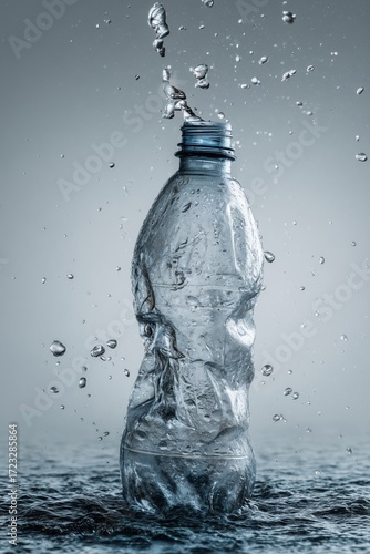 Dynamic splash of water exploding from a plastic bottle in mid-air, symbolizing freshness, hydration, purity and the energy of clean drinking water