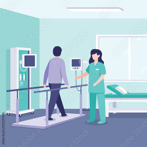 Dedicated physical therapist guides a patient through essential walking rehabilitation, promoting recovery and improved mobility in a modern clinic setting