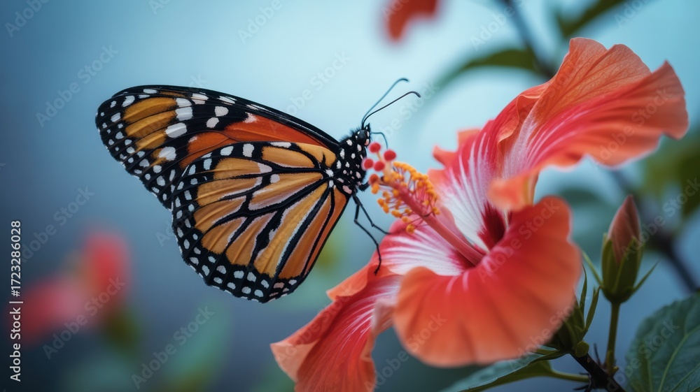 Fototapeta premium Butterfly on Hibiscus: A vibrant monarch butterfly delicately perches on a blooming hibiscus flower, its intricate patterns showcased against a soft, blurred background.