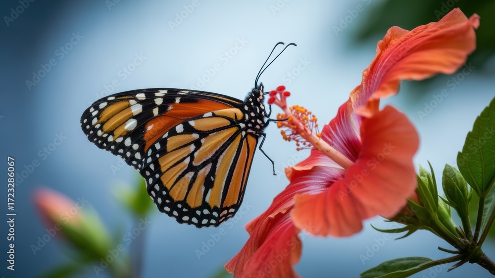 Fototapeta premium Monarch Butterfly on Hibiscus Flower: A majestic monarch butterfly delicately rests on a vibrant hibiscus flower, its intricate patterns and graceful presence captivating the beauty of nature.
