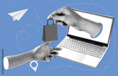 Modern halftone collage with laptop and hand holding package,another hand  take package,online shopping concept,fast delivery and e-commerce background