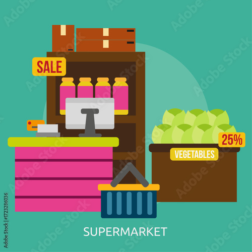 Flat design illustration of a supermarket checkout counter with a grocery basket and produce on sale