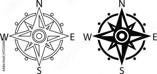 Compass outline, flat icon set. Navigation symbol with north, south, east, west directions, wind rose design, travel map orientation illustration, nautical graphic element for guidance and exploration