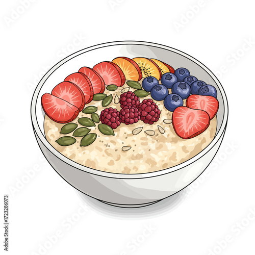 Healthy breakfast oatmeal bowl illustration, topped with fresh strawberries, blueberries, raspberries, peaches, kiwi, and seeds, offering a colorful and nutritious meal option