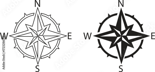 Compass outline, flat icon set. Navigation symbol with north, south, east, west directions, wind rose design, travel map orientation illustration, nautical graphic element for guidance and exploration
