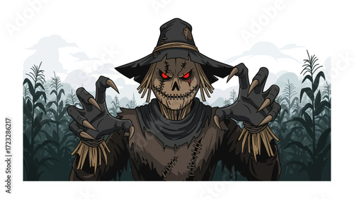 Menacing Scarecrow in Field: A terrifying scarecrow stands menacingly in a cornfield, its eerie eyes locked onto you. The detailed illustration evokes a sense of dread.