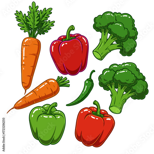 Vibrant and Wholesome Assortment of Fresh Cartoon Vegetables Featuring Carrots, Bell Peppers, Broccoli, and Chili for Healthy Eating Concepts and Design Elements