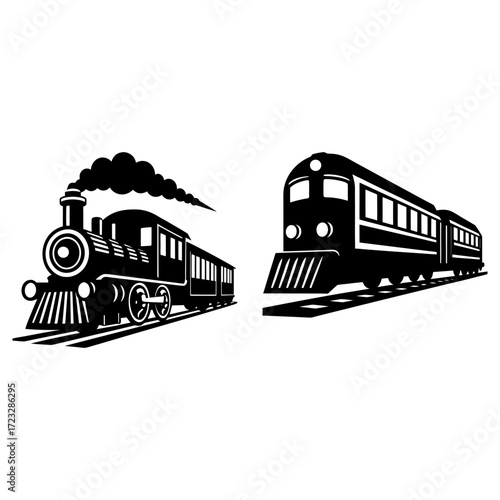Two trains in black and white with one steam locomotive and one modern passenger train on tracks design