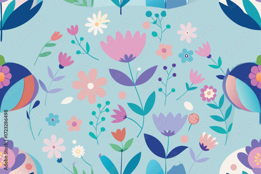 Fototapeta premium Whimsical seamless pattern of colorful cartoon flowers and birds on a light blue background vector illustration