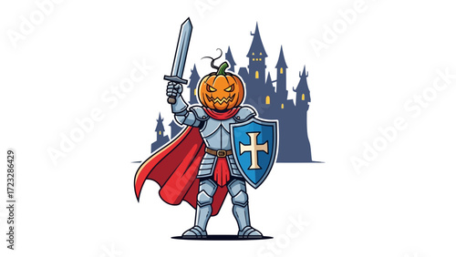 Pumpkin Knight: A brave pumpkin-headed knight, ready for Halloween battles, brandishes a sword and shield, standing before a mysterious castle, showcasing the spirit of the holiday season.