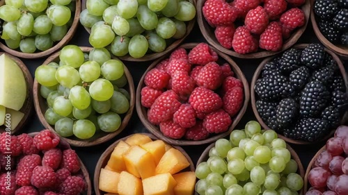 Wallpaper Mural Vibrant Bowls of Fresh Fruits Featuring Raspberries, Grapes, Blackberries, and Melons Torontodigital.ca