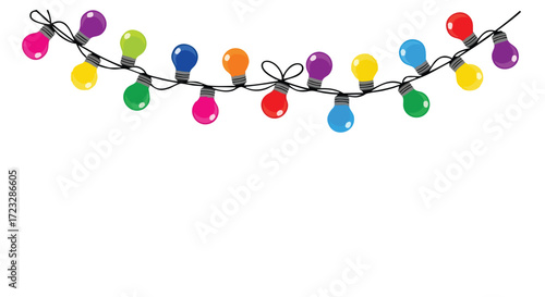Festive string of colorful light bulbs creating a joyful atmosphere for holidays and celebrations, perfect for party invitations or website decoration