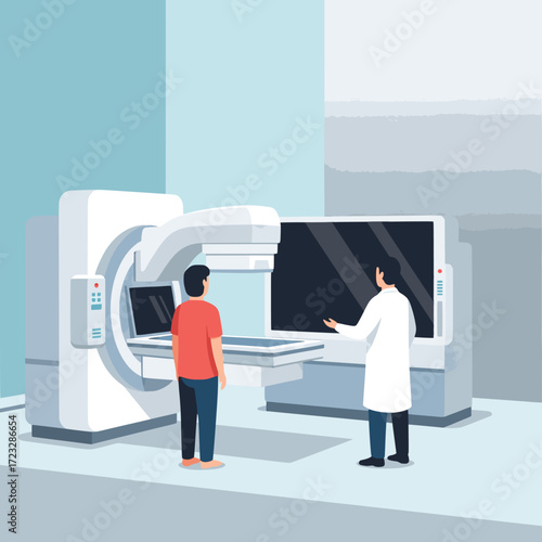 Woman receiving breast cancer screening with mammogram by a doctor in hospital