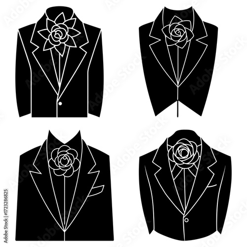 Illustration of four different tuxedo jackets with rose boutonnieres in black and white style