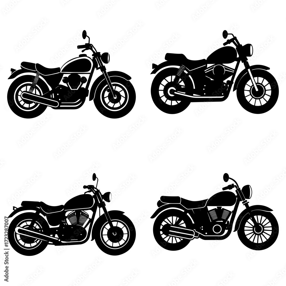Obraz premium Four black silhouette motorcycles with classic designs are arranged on a white background evenly spaced