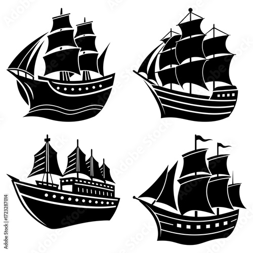 Four black and white silhouette images of sailing ships with detailed masts and billowing sails design