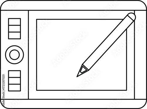 Black outline drawing of a digital drawing tablet and stylus digital art graphic design