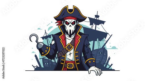 Fearless Pirate with a Hook: A menacing illustration of a skeletal pirate stands defiantly, hook at the ready, commanding the scene with the ship in the distance.