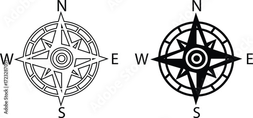 Compass outline, flat icon set. Navigation symbol with north, south, east, west directions, wind rose design, travel map orientation illustration, nautical graphic element for guidance and exploration