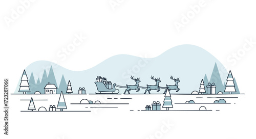 Magical Santa sleigh pulled by reindeer over snowy landscape delivering gifts to charming village during winter holidays