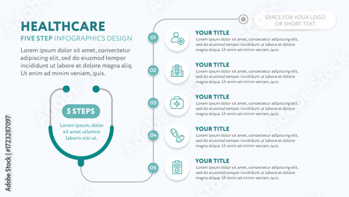 Medical infographics template with stethoscope - 5 step illustration for business presentation slide with icons in flat style