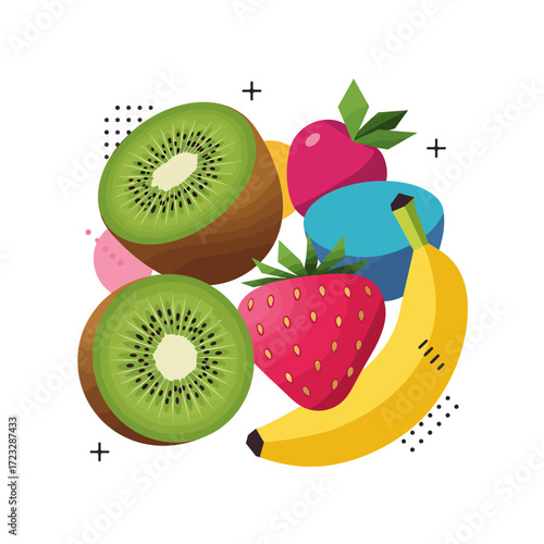 Fresh Fruit Still Life with Kiwi, Strawberries, and Banana