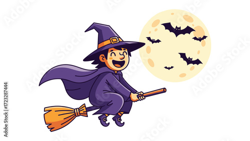 Enchanting Witch in Flight: A cheerful witch, complete with a pointed hat, a flowing cloak, and a trusty broom, soars through the night sky under a full moon, surrounded by playful bats.