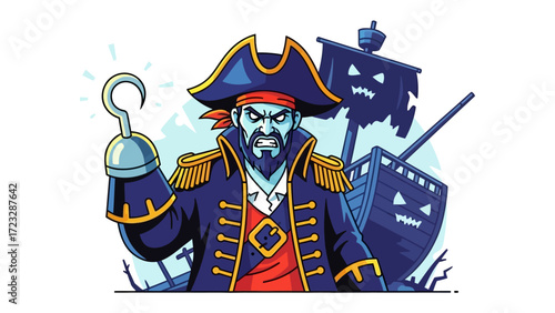 Pirate Captain and Ship: A menacing pirate captain brandishing a hook hand stands before a ghost ship, evoking a sense of adventure and the mysterious spirit of the high seas.