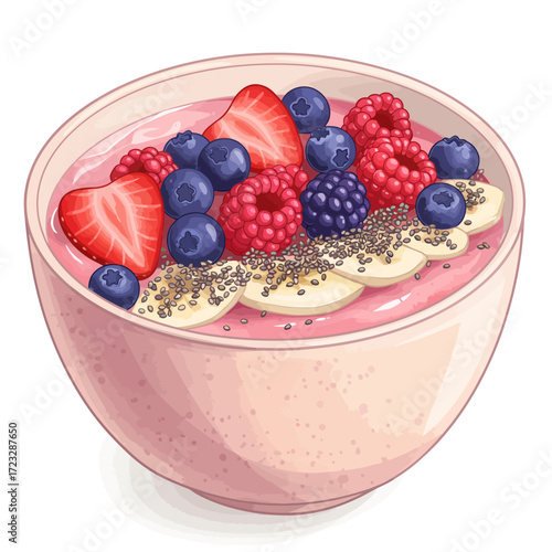 Vibrant and Nutritious Smoothie Bowl Illustration, Rich with Fresh Strawberries, Blueberries, Raspberries, Banana Slices, and Chia Seeds for a Healthy Breakfast or Refreshing Snack
