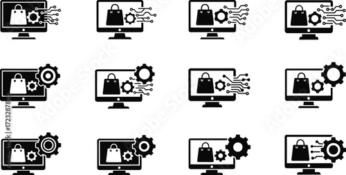 Collection of twelve black and white icons depicting online shopping and digital technology.