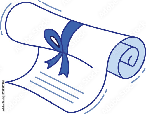 Rolled diploma scroll tied with blue ribbon and dashed lines certificate graduation