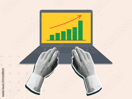 Black and white hands typing on laptop with a grows graph on the screen.  Modern collage style. Vector illustration
