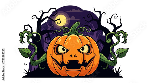 Spooky Pumpkin: An illustrated pumpkin, its carved face radiating an eerie glow. Spooky surroundings.