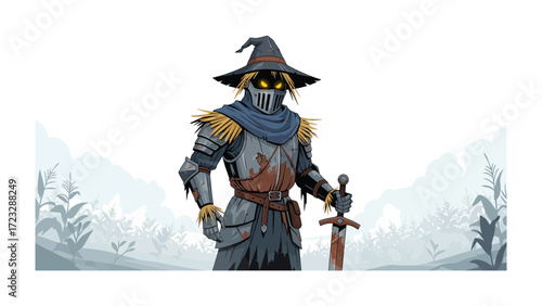 Mysterious Sentinel: A formidable medieval knight, adorned in dark armor, stands guard with a weathered sword, set against a bleak and haunting landscape.