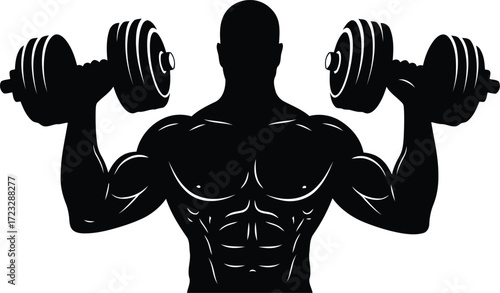 Muscular man silhouette lifting dumbbells fitness motivation workout strength training vector