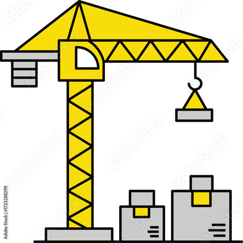 Yellow construction crane lifting grey cargo boxes vector