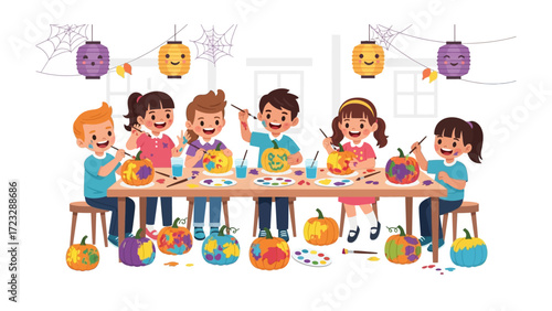 Creative Pumpkin Carving: A vibrant tableau of children joyfully creating unique pumpkin decorations, a perfect scene depicting friendship, and fun.