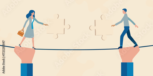 Business people balancing on a tightrope with puzzle pieces representing collaboration and teamwork