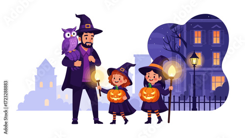 Halloween Night: A whimsical illustration of a father and his two children, dressed in witch costumes and carrying jack-o'-lanterns.