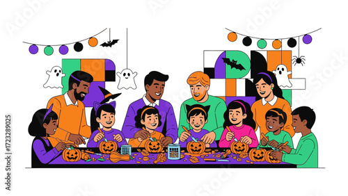 Family's Halloween Pumpkin Carving: A vibrant illustration of families and children carving pumpkins, full of the festive spirit of Halloween, ready for the spooky night.