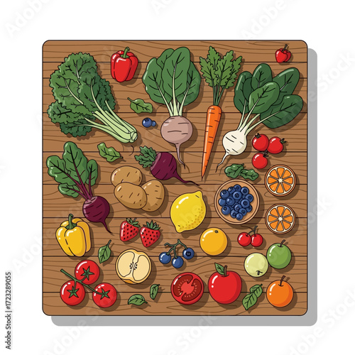 A vibrant flat lay illustration showcasing a colorful assortment of fresh fruits and vegetables arranged artfully on a rustic wooden surface, promoting healthy eating
