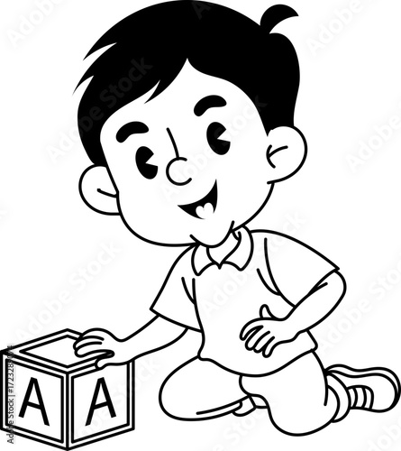 Illustrative depiction of a child interacting with alphabet block in monochrome style