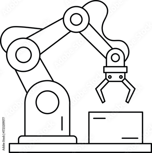 Black outline robotic arm grasping a block on a white background industrial robot automation