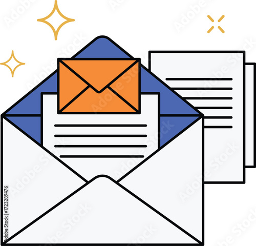 Open white envelope with orange letter and blue flap mail communication