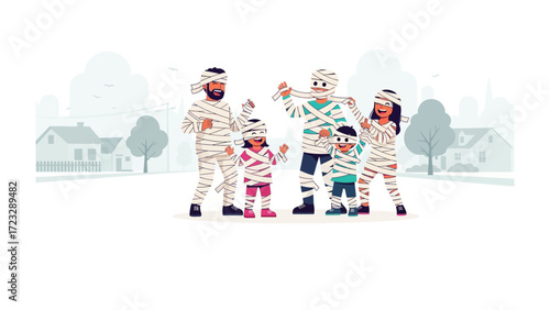 Family in Mummy Costumes: A happy family, costumed as mummies, stands proudly against a backdrop of cheerful houses, exemplifying a joyful Halloween celebration.