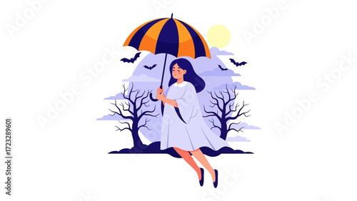 Enchanting Autumn Evening: A young lady gracefully floats through an autumn sky, cradling an open umbrella. The serene landscape whispers of Halloween's magic, under the moon. 