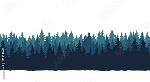 Serene evergreen forest silhouette landscape with layered deep blue and teal hues, perfect for natural backdrops and branding