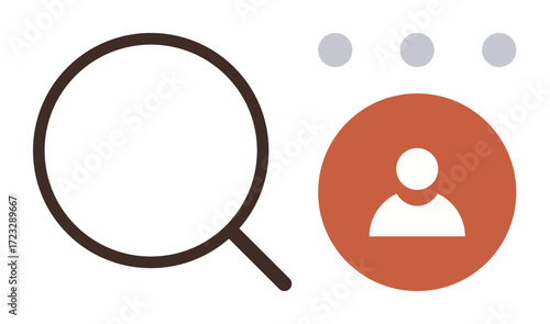 Oversized magnifying glass pointing to a highlighted user avatar on circular background and three dots. Ideal for recruitment, user research, analysis, discovery, focus, search, and accessibility