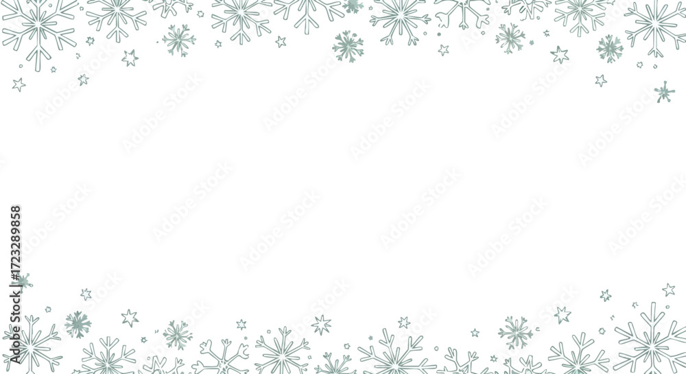 Fototapeta premium Delicate teal snowflakes and stars border a pristine white background perfect for winter holiday promotions and seasonal greetings projects
